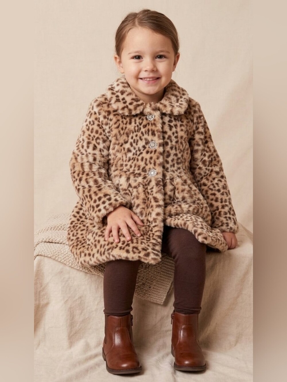 BISCOTTI Brown and Black Faux Fur Cheetah Print Peplum Pea Coat - Sz 3T